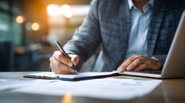 Businessman working on papers, taking notes, and analyzing financial data on his laptop in a professional office setting, well-lit, sharp focus, no exposure problems, 