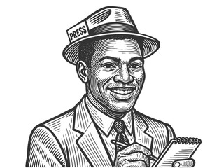 man reporter with a press badge taking notes, ideal for news, media, or storytelling themes sketch engraving generative ai fictional character vector illustration. Scratch board. Black and white.