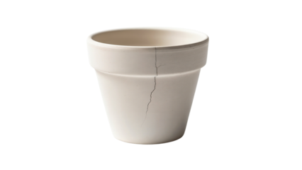 Cracked white flower pot isolated — symbol of fragility and minimalism