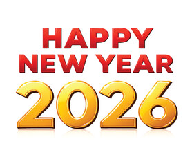 Happy New Year 2026 celebration design concept with a shiny gold 3D text and a calendar date symbol for holiday business illustration sale
