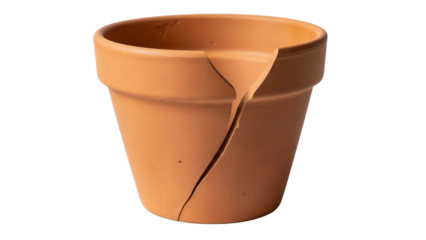 Cracked terracotta flower pot isolated — symbol of damage and resilience
