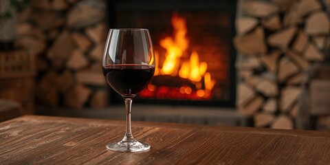 Glass of wine resting on a rustic wooden table near a lit fireplace, ideal for cozy evening gatherings