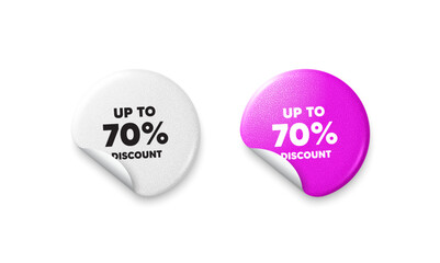 Discount tag sticker tags. Glitter paper price badge. Up to 70 percent discount. Sale offer price sign. Special offer symbol. Save 70 percentages. Offer round sticker. Promo banner. Vector