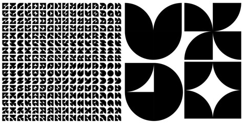 vector black geometric pattern set isolated on white background. Circle quarter bauhaus shapes
