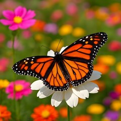Fototapeta premium Monarch Butterfly on White Cosmos Flower in Vibrant Wildflower Meadow