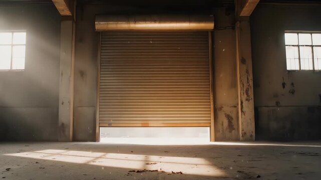 Dusty abandoned industrial warehouse with a partially open rolling shutter door