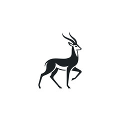 A sleek black silhouette illustration of an elegant antelope or impala standing in a proud pose with long curved horns and refined lines
