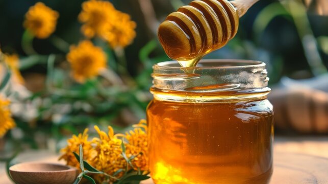 Golden Liquid Sweetness in a Honey Jar, Nature s Nectar with a Wooden Dipper for Sweet Delights