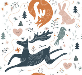 Scandinavian winter night Animals colourful pattern