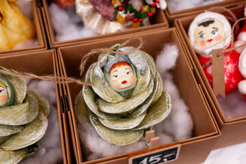 Unique Handmade Christmas Ornament Featuring a Baby Figurine in a Green Cabbage Leaf Design Inside Gift Box with Cotton Padding – Vintage Style Holiday Decoration