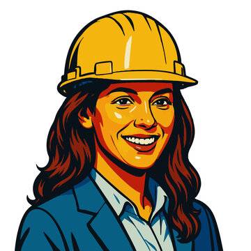 female engineer in a suit and yellow hard hat, representing construction, leadership. Generative ai raster colorful pop art illustration.