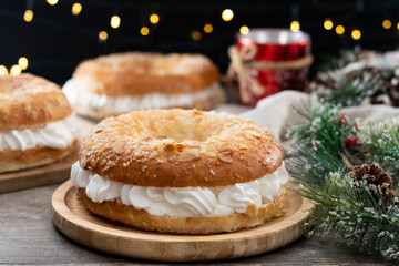 Traditional Spanish Roscon de Reyes with christmas decoration