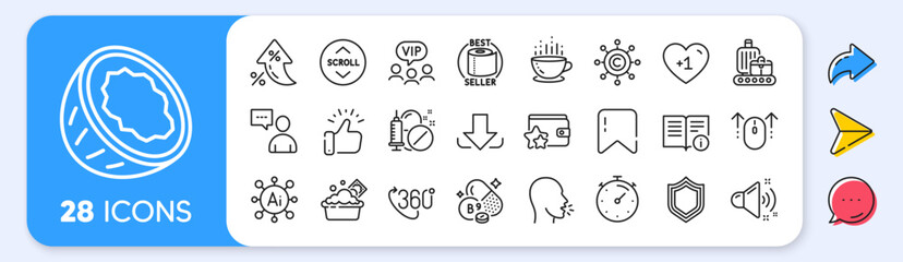 Download, Security and Coconut line icons. Interest rate, AI generate, Inflation icons. Pack of Baggage belt, Folate vitamin, Cough icon. Swipe up, Loud sound, Medical drugs pictogram. Vector
