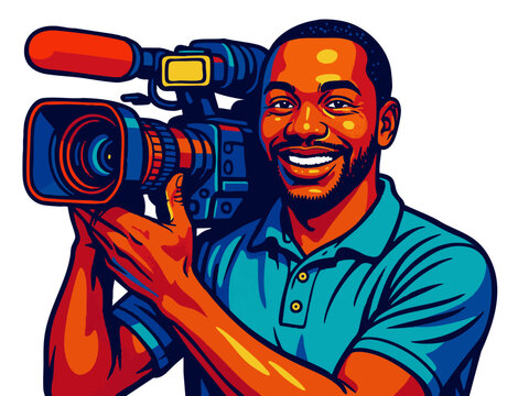 man filming with a professional video camera, ideal for media and production themes. Generative ai vector colorful pop art illustration.