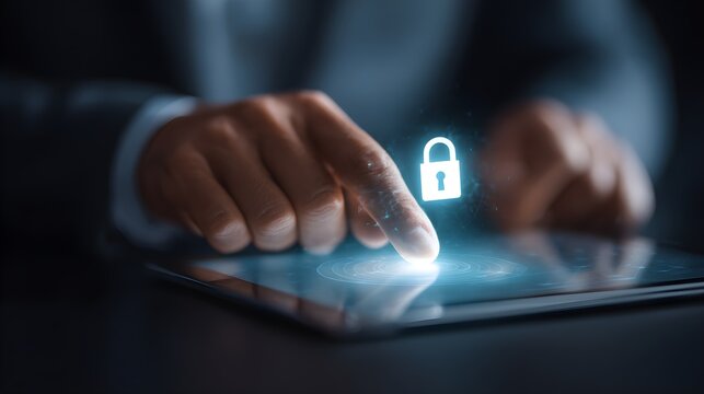 Businessperson entering a password on a sleek tablet, glowing lock icon, cyber security interface, protecting confidential financial data, online banking and wealth management dashboard