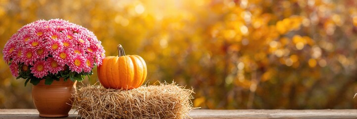 Bright pink chrysanthemums and an orange pumpkin on a hay bale in a seasonal outdoor display, autumn decoration