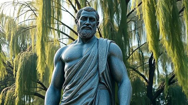A muscular stone statue of a classical philosopher. A historical monument surrounded by green willow trees. Ancient wisdom and knowledge concept