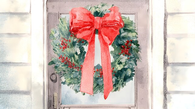 Watercolor illustration of a Christmas wreath on a wooden door. Christmas greeting card with a red bow on a wooden door. Vintage style toned picture