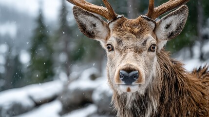 A captivating close-up of a deer in its snowy habitat, showcasing its magnificent antlers and alert gaze while highlighting the beauty of wildlife and nature in winter.