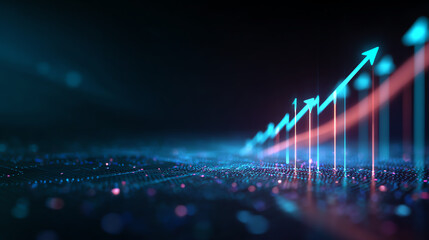 Dynamic digital graph showing upward trend with blue and red lines and glowing particles representing growth and progress.