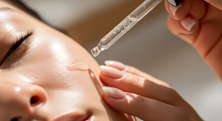 A close-up shot of a person applying a skincare serum with a dropper to their cheek.