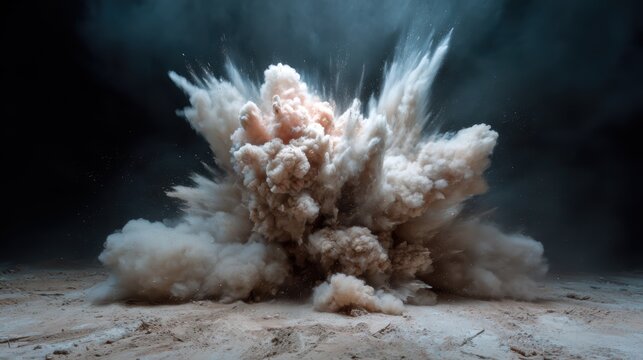 A powerful and striking image depicting a dramatic explosion with vibrant clouds of dust and smoke, conveying a sense of chaos and dynamic movement in a dark setting.