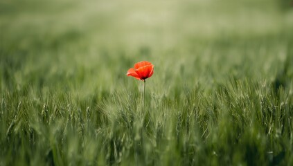Vibrant red poppy in a green wheat field, used as a natural background for layout or text design