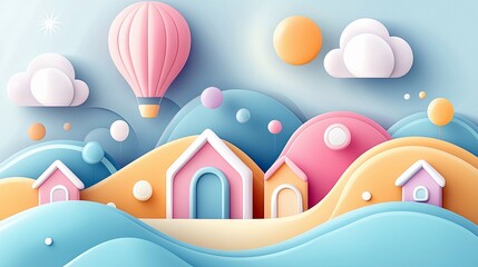 A whimsical paper cutout illustration featuring pastel-colored houses, a hot air balloon, and a dreamy landscape with clouds and sun.