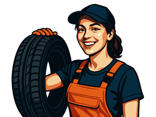 Tire Technician cheerful female mechanic in uniform and gloves holding a car tire, ideal for automotive and repr themes. raster colorful pop art illustration.