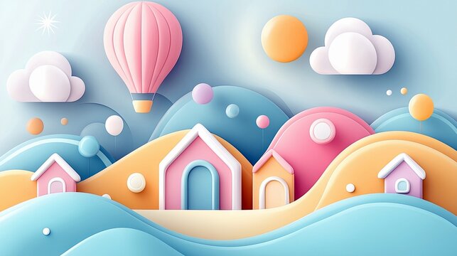 A whimsical paper cutout illustration featuring pastel-colored houses, a hot air balloon, and a dreamy landscape with clouds and sun.