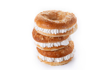 Traditional Spanish Roscon de Reyes filled with cream isolated on white background