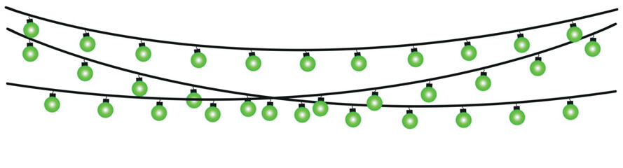 Fototapeta premium Three strands of green christmas lights hanging against a white background decoration holiday celebration , glowing holiday lights garland bulbs, twinkling fairy lights glow