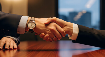Two business professionals shaking hands across a polished wooden table in a formal setting.