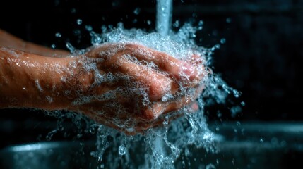 Fototapeta premium A close-up view of hands washing with soap and water, illustrating cleanliness and hygiene, showcasing the interaction of water and soap creating a bubbly effect.