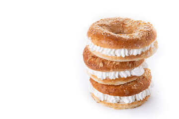 Traditional Spanish Roscon de Reyes filled with cream isolated on white background. Copy space