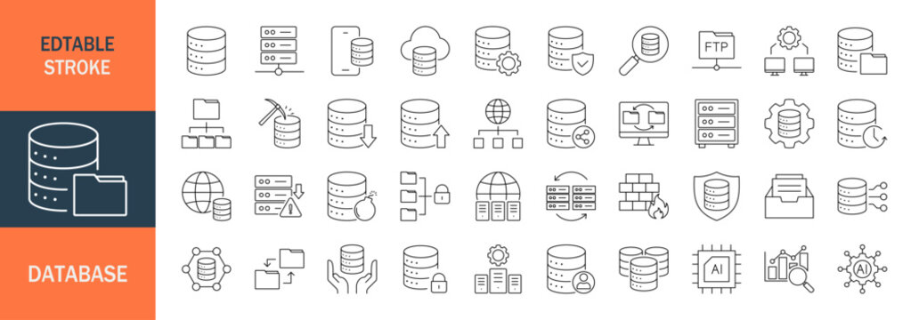 Database icon set. Editable line icons. Vector illustration.
