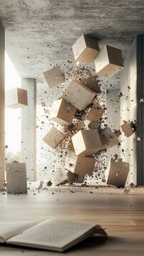 An abstract image of concrete blocks exploding in an interior space, with a book in the foreground and dramatic lighting.
