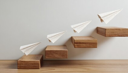 Paper airplanes fly upward from wooden blocks forming stairs, representing growth and progress