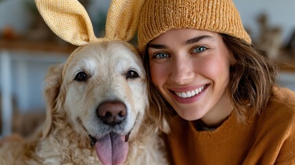 A cheerful woman wearing a yellow beanie poses with her golden retriever dog, both exuding joy and warmth, set in a bright, cozy home environment filled with love.