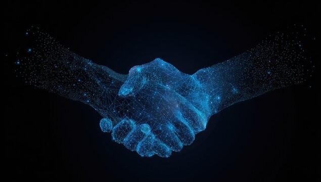 A low-poly digital rendering of two hands clasped in a handshake, glowing blue
