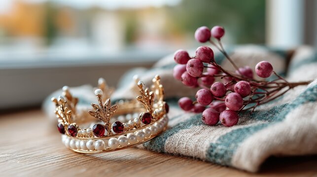 A beautifully ornate crown adorned with pearls and rubies rests alongside decorative faux berries, creating an artistic still life that embodies elegance and sophistication. - Powered by Adobe