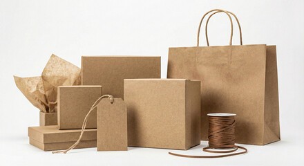 Collection of kraft paper packaging including boxes, gift bags, and containers arranged on white background