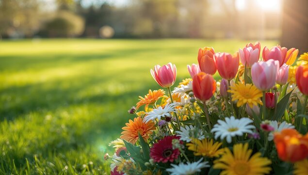 Colorful spring flowers blooming in sunlight, emphasizing seasonal renewal and garden aesthetics