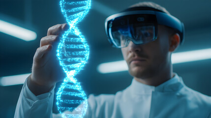 Genetic Innovation: A focused scientist, donned in augmented reality glasses, delicately examines a glowing strand of DNA within a cutting-edge laboratory environment.