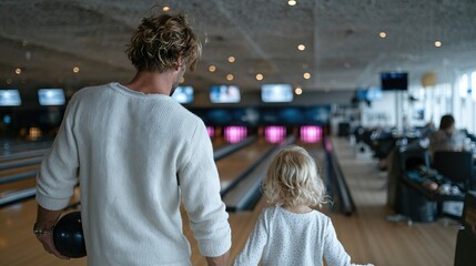 A father holds hands with his young child as they approach a bowling lane, capturing the warmth of family bonding and the excitement of shared experiences in play.