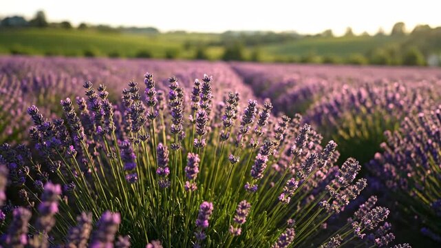 Lavender field blooms under a bright sky in the countryside