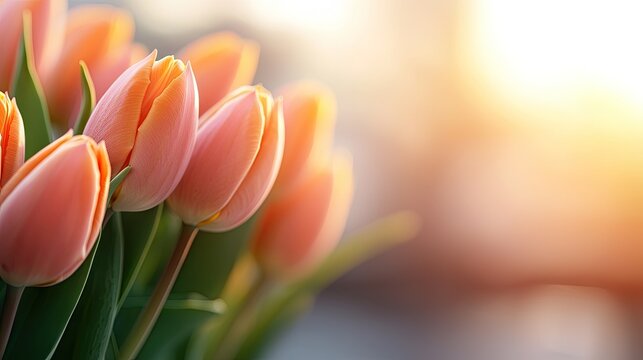 Close up of pink and orange tulips covered in dew drops with warm golden sunlight illuminating the foreground creating a soft focus background perfect for spring and floral themes