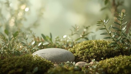 Peaceful forest floor with moss covered stone and soft sunlight