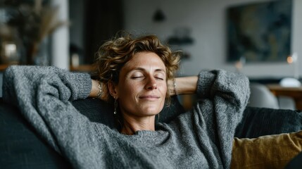 Fototapeta premium A relaxed woman sits comfortably on a couch, eyes closed, absorbed in tranquility and self-reflection, representing a moment of peace and serenity in a cozy environment.