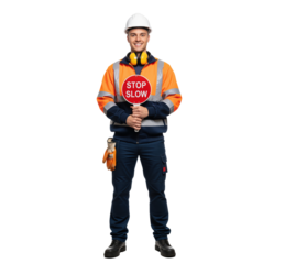 Traffic control officer with stop slow sign used in roadwork safety training materials for highway maintenance briefing slides, driver awareness campaigns or government infrastructure communication